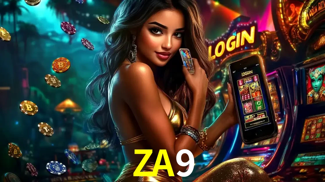 Mulher em um cenário de cassino temático de aventura, mostrando o app de caça-níqueis da ZA9 no celular. Fichas de apostas flutuam ao redor.