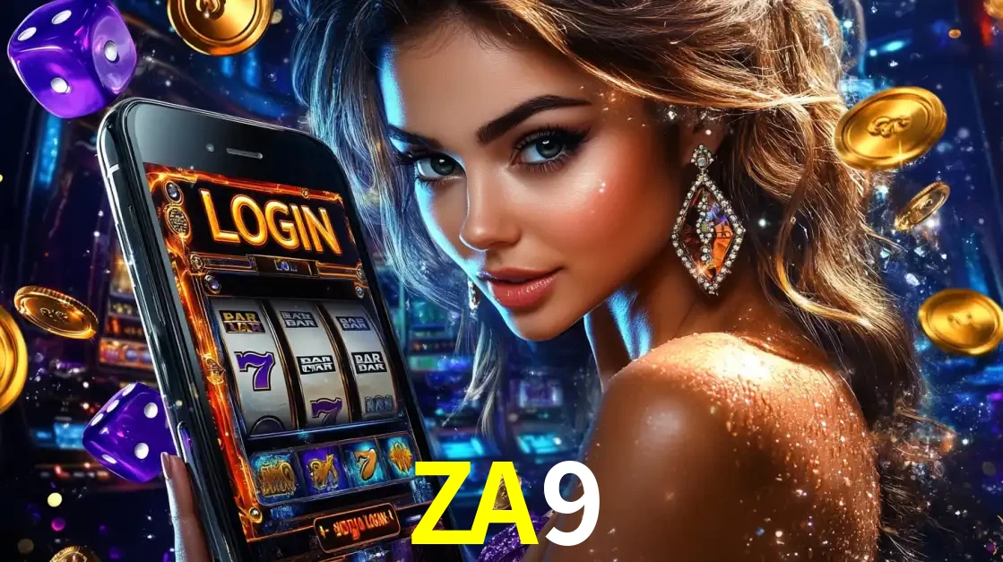 Mulher glamorosa segurando um smartphone com a tela de login para os jogos de caça-níqueis do cassino online ZA9, com moedas de ouro e dados ao redor.