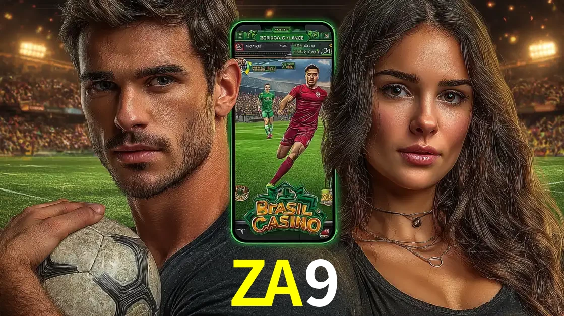 Homem segurando uma bola de futebol e uma mulher ao lado de um smartphone exibindo o jogo de apostas esportivas da ZA9. Faça seu palpite no cassino online.